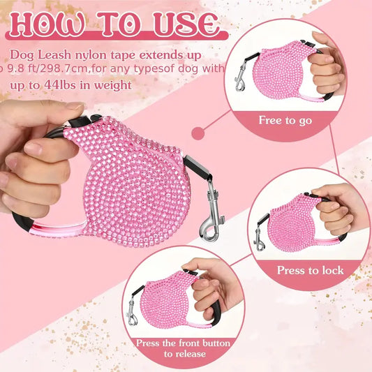 2-Pack Pink Bling Retractable Dog Leash With Waste Bag Holder