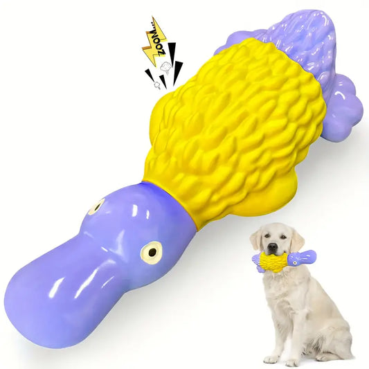 Durable Platypus Purple & Yellow Rubber Squeaker Healthy Chew Toy For Aggressive Chewers