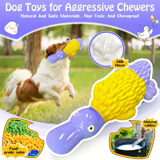 Durable Platypus Purple & Yellow Rubber Squeaker Healthy Chew Toy For Aggressive Chewers