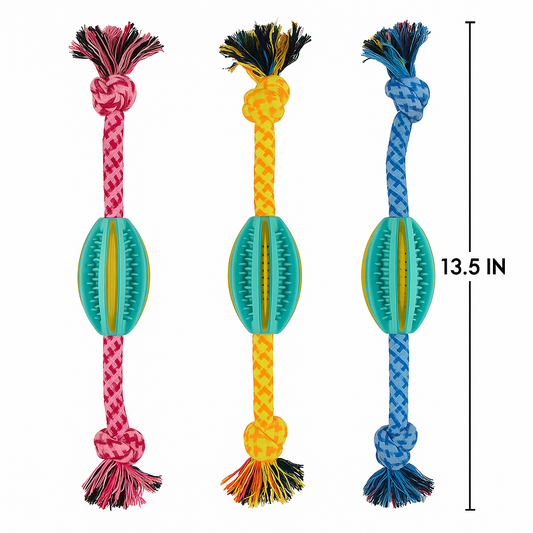 Dog Pull Toy with Football Center & Knotted Rope Ends – 13.5"
