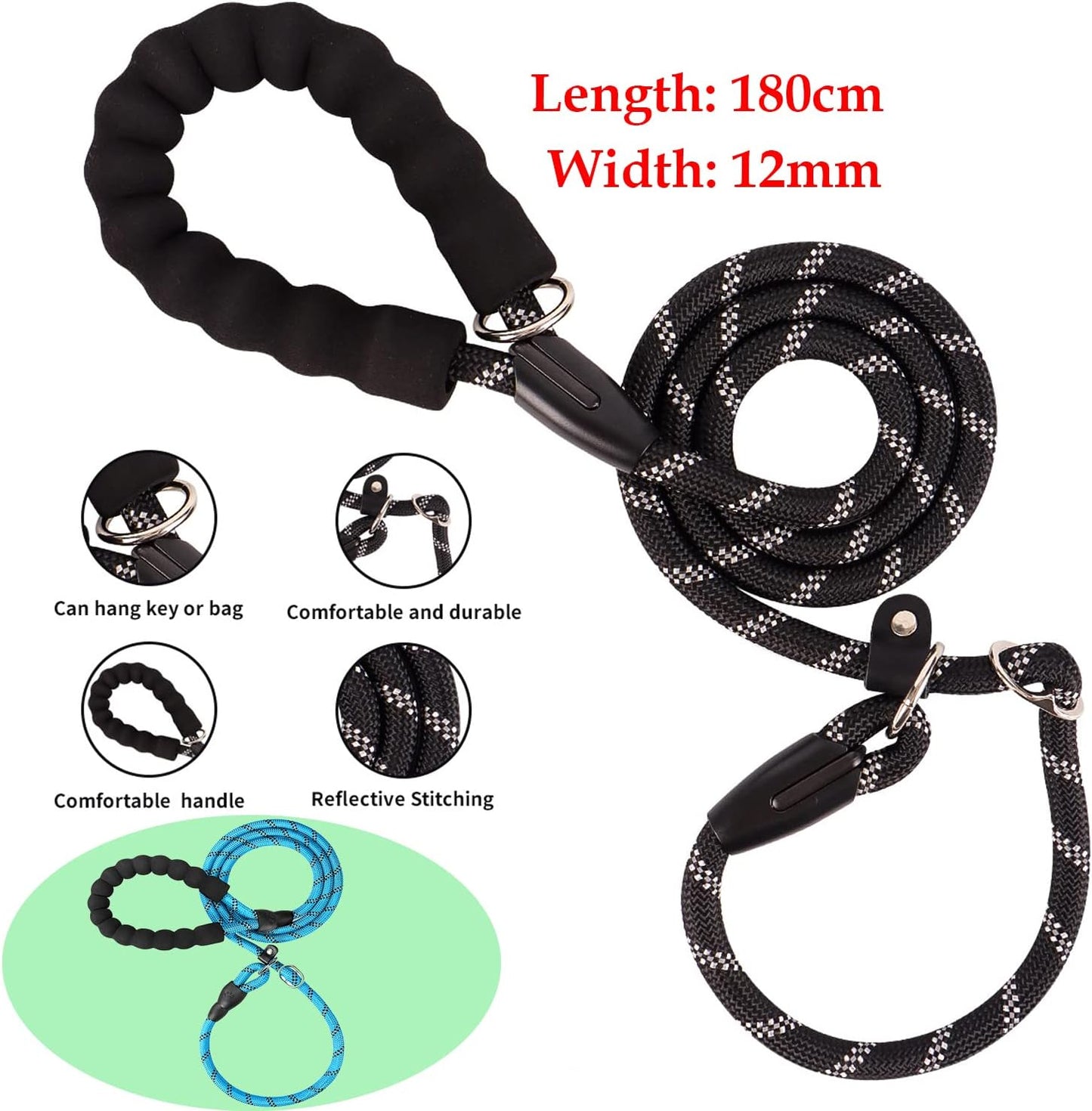 Reflective Anti-Slip Blue Dog Leash – Durable Nylon for All Sizes