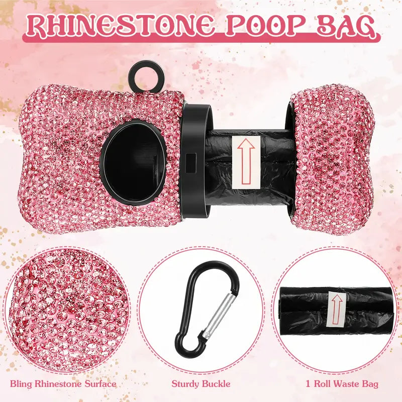 2-Pack Pink Bling Retractable Dog Leash With Waste Bag Holder