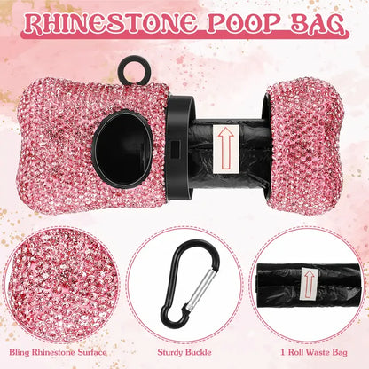 2-Pack Pink Bling Retractable Dog Leash With Waste Bag Holder