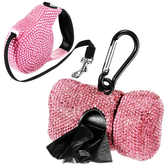 2-Pack Pink Bling Retractable Dog Leash With Waste Bag Holder